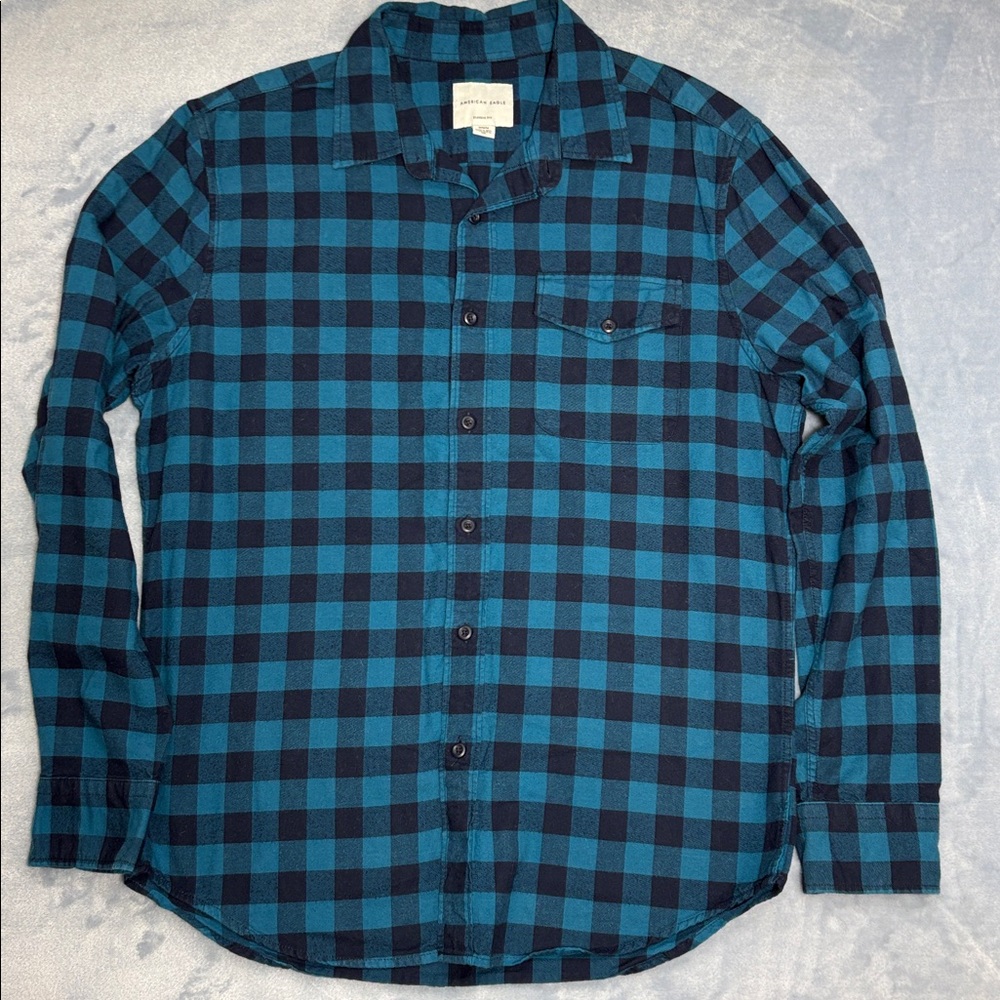 American Eagle Outfitters Blue Plaid Casual Button Down Shirt - Picture 6 of 7